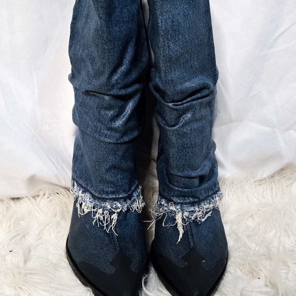 Diesel Denim Foldover Cowboy Boots Y2K 90s Grunge Pointed Toe - Picture 5 of 9